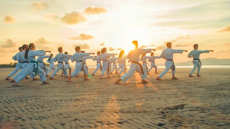 A karate class practising punches in a line at sunset