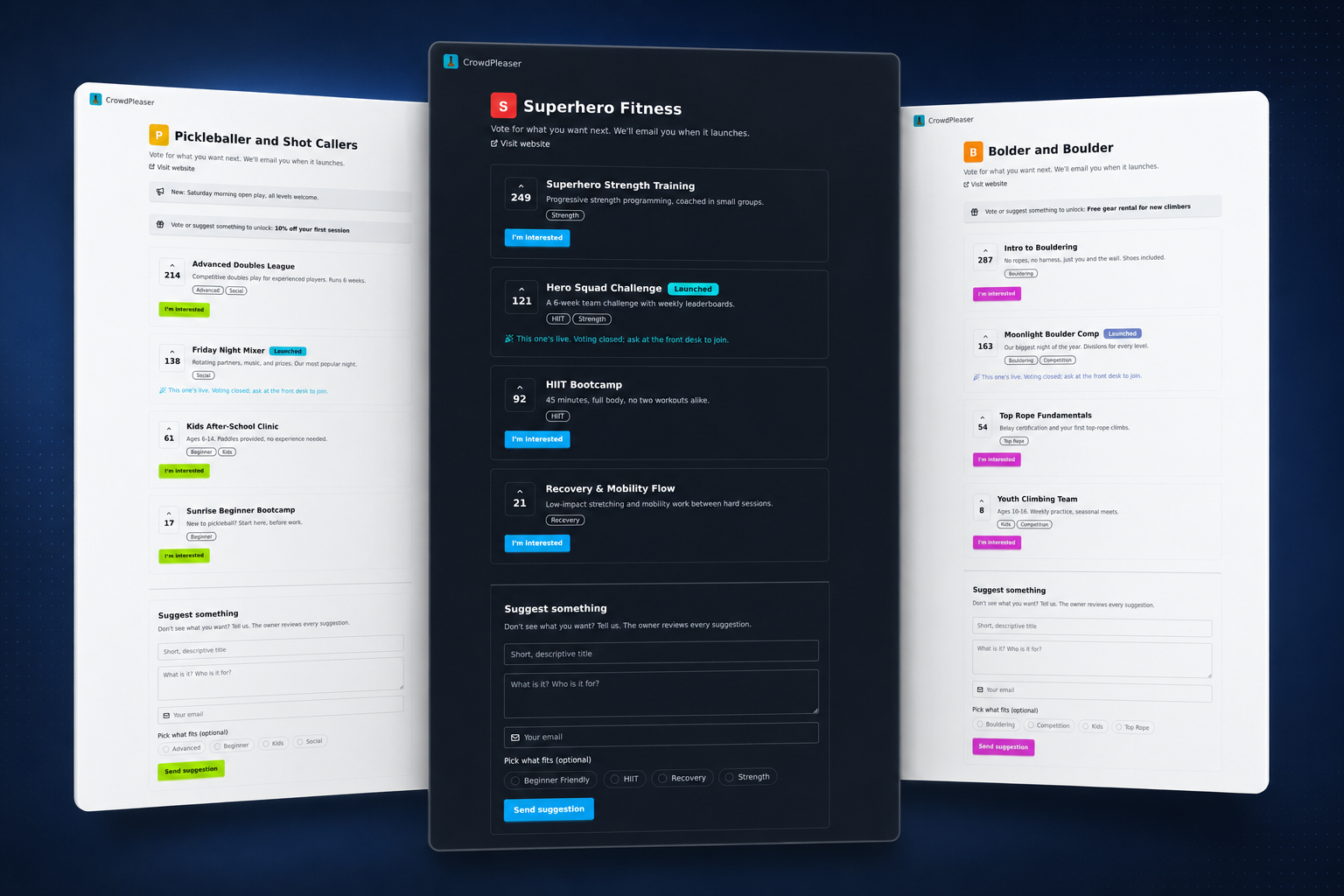 Different boards with different classes and events on them, showing how members can vote for the programs they want to see.